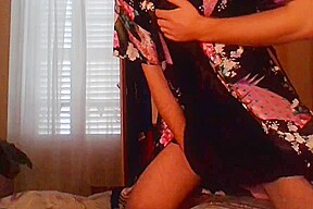 Crossdresser wearing satin robe masturbating and ejaculating all over satin