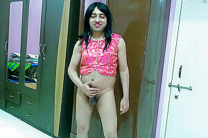 Sexy Sissy Crossdresser Femboy In A Traditional Top And Designer Pantie Playing With Her Big Dick